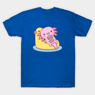 Cute Axolotl Chilling On Duck Pool Float Drinking Bubble Tea T-Shirt